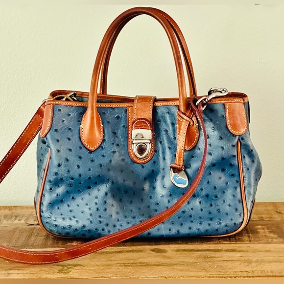 Dooney & Bourke Ostrich Embossed Leather Bag With Crossbody Strap Blue - Picture 2 of 10